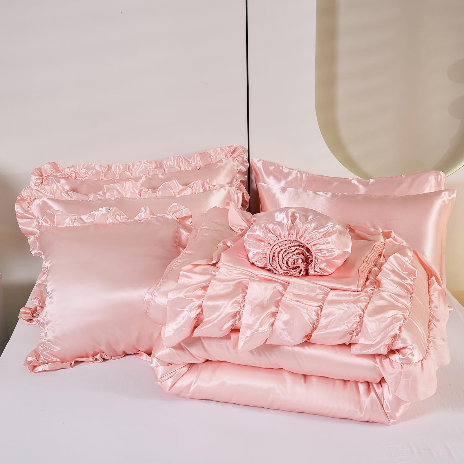 Ruffle Comforter Set 8 Pieces Satin Comforter Set with Sheet Set - Waterfall Ruffle Design Luxurious Silky Comforter Set