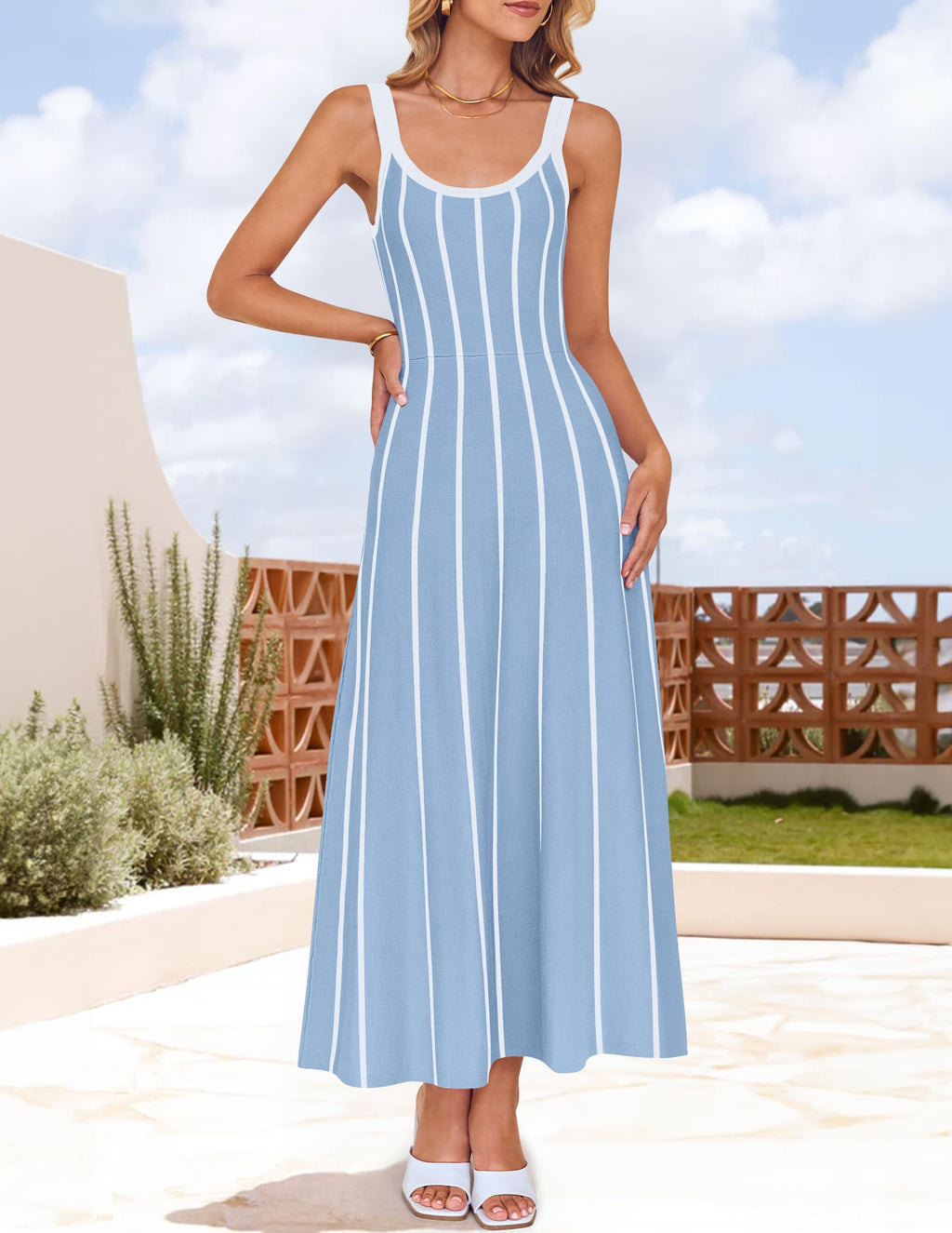 Wome's Summer Sleeveless Striped Midi Dress 2025 Knit Casual Elegant A Line Swing Long Dresses