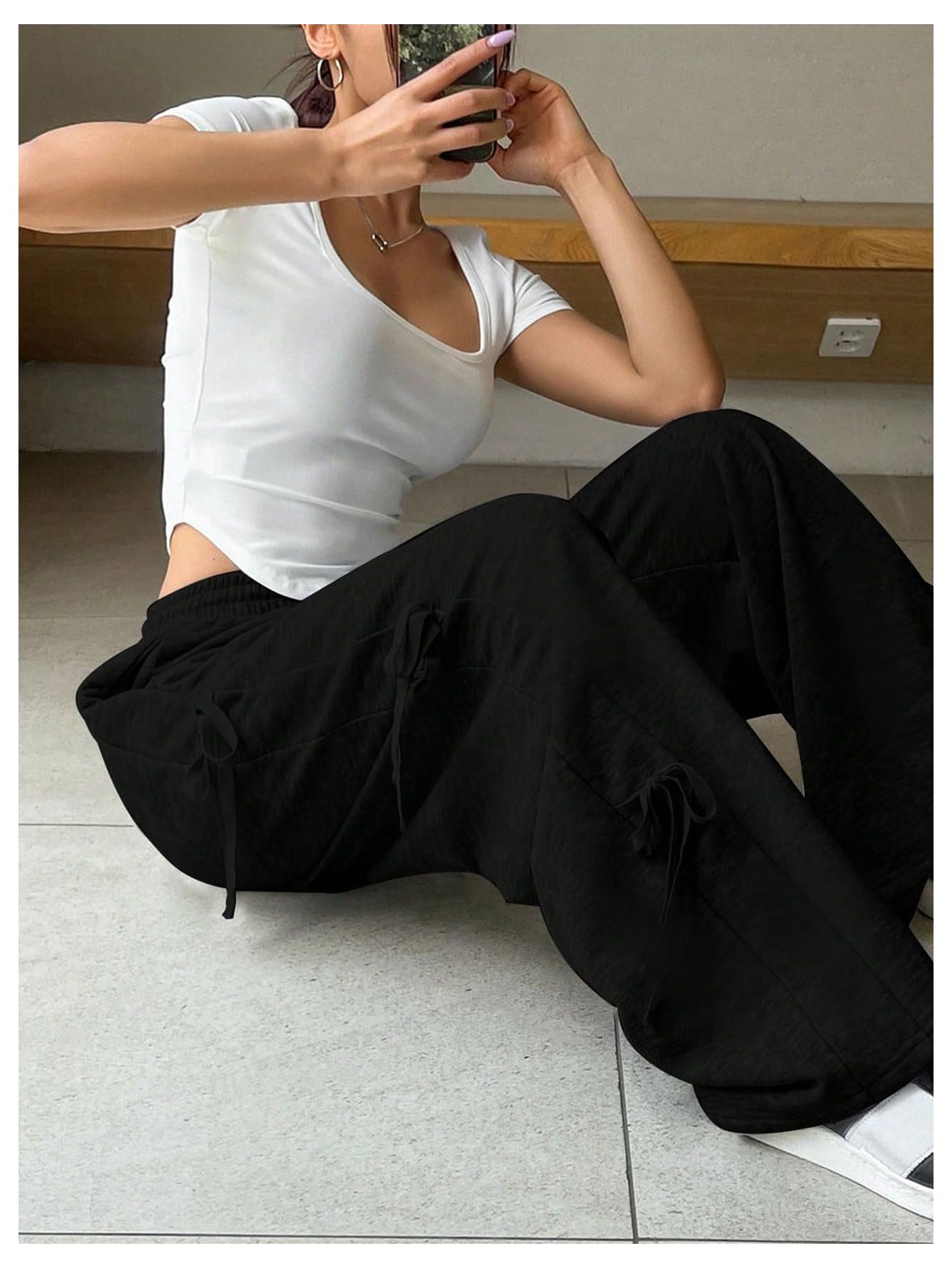 Women's Side Bow Tie Straight Leg Sweatpants Drawstring Elastic Waist Loose Athletic Sports Pants