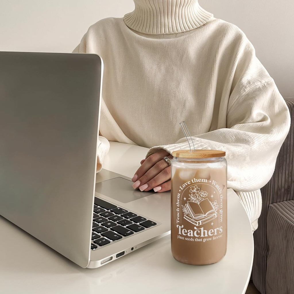 Glass Cup with Lid & Straw, Iced Coffee Aesthetic Glass Can, 16oz