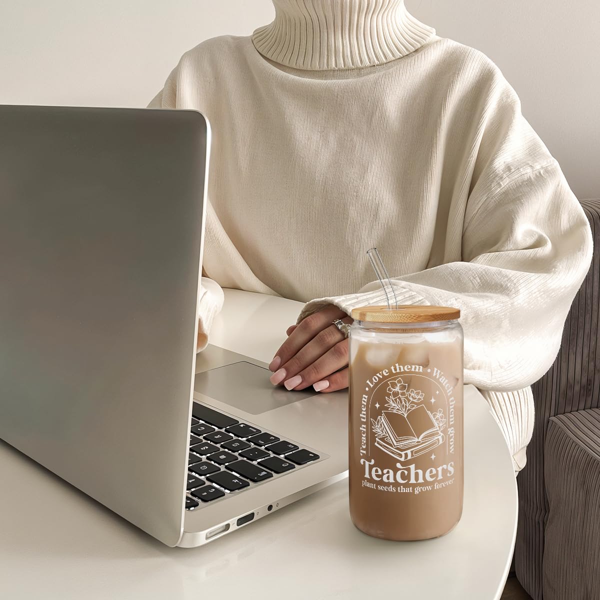 Glass Cup with Lid & Straw, Iced Coffee Aesthetic Glass Can, 16oz