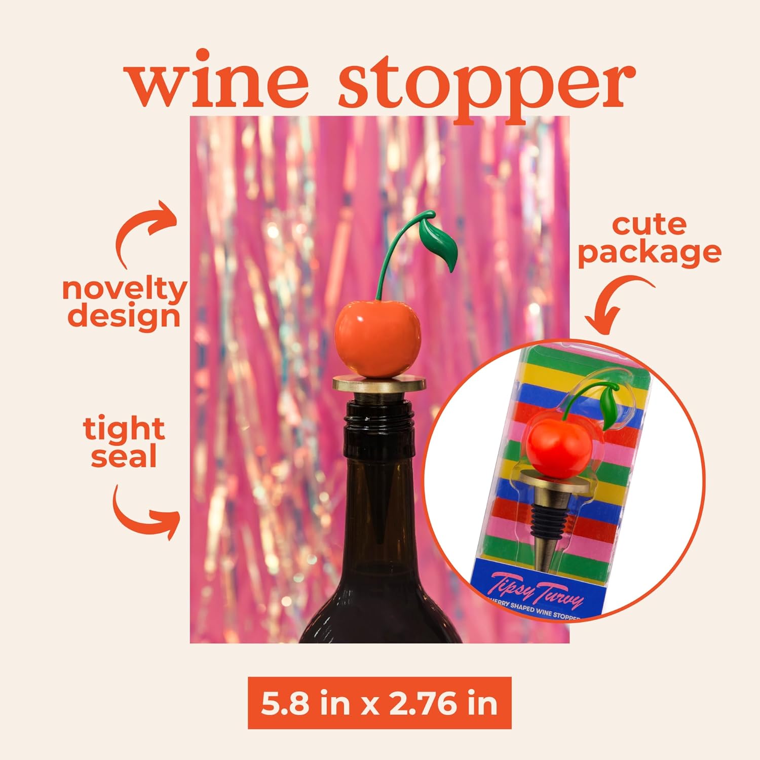 Cherry Wine Stopper, Novelty Bottle Cork for Wine or Champagne, Metal Wine Plug, Bar Tool and Home Decor, Cherry