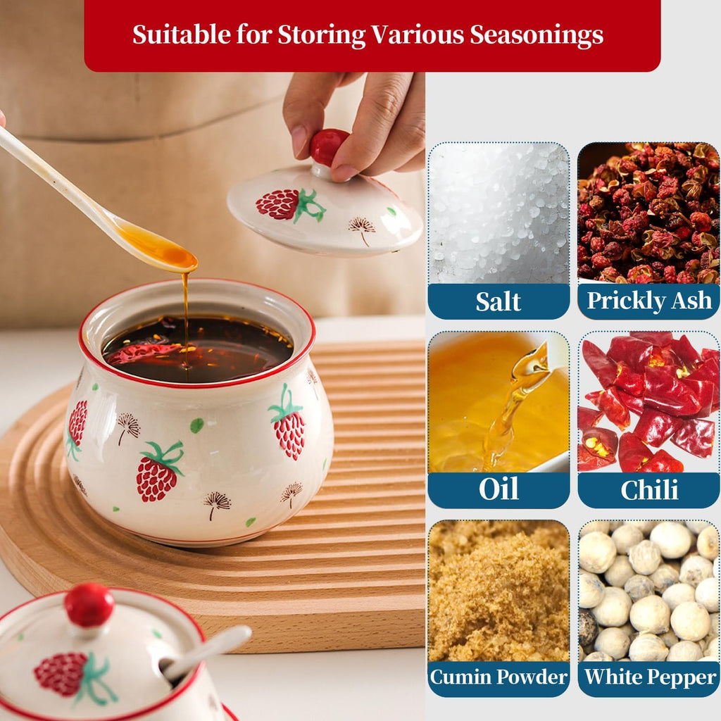 Red Strawberry Ceramic Condiment Jars with Lids and Spoons, 3 Piece Porcelain Seasoning Jar Set Container Pot with Serving Tray