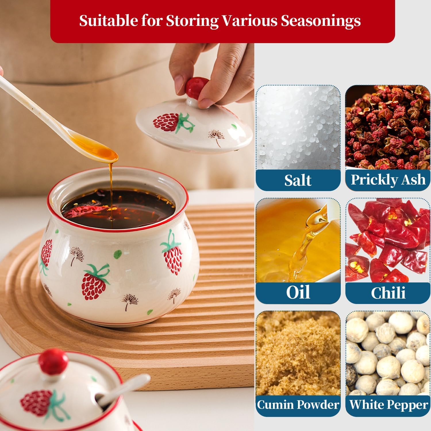 Red Strawberry Ceramic Condiment Jars with Lids and Spoons, 3 Piece Porcelain Seasoning Jar Set Container Pot with Serving Tray