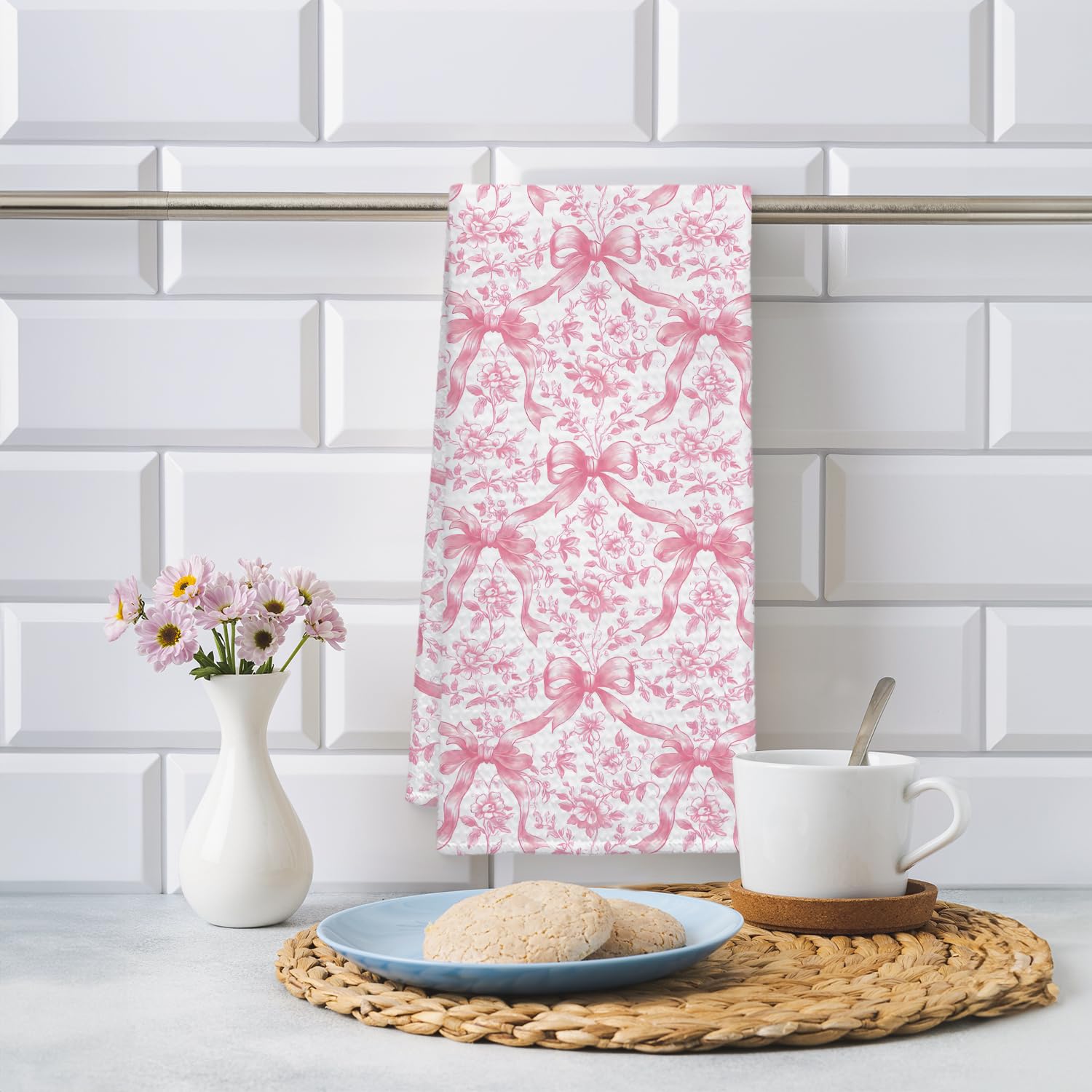 Coquette Bow Floral Kitchen Towel, Grandmillennial Pink Rose Flower Gingham Hand Towel for Bathroom, Pink and White Checkered Dish Tea Towel, 16x24 Inch