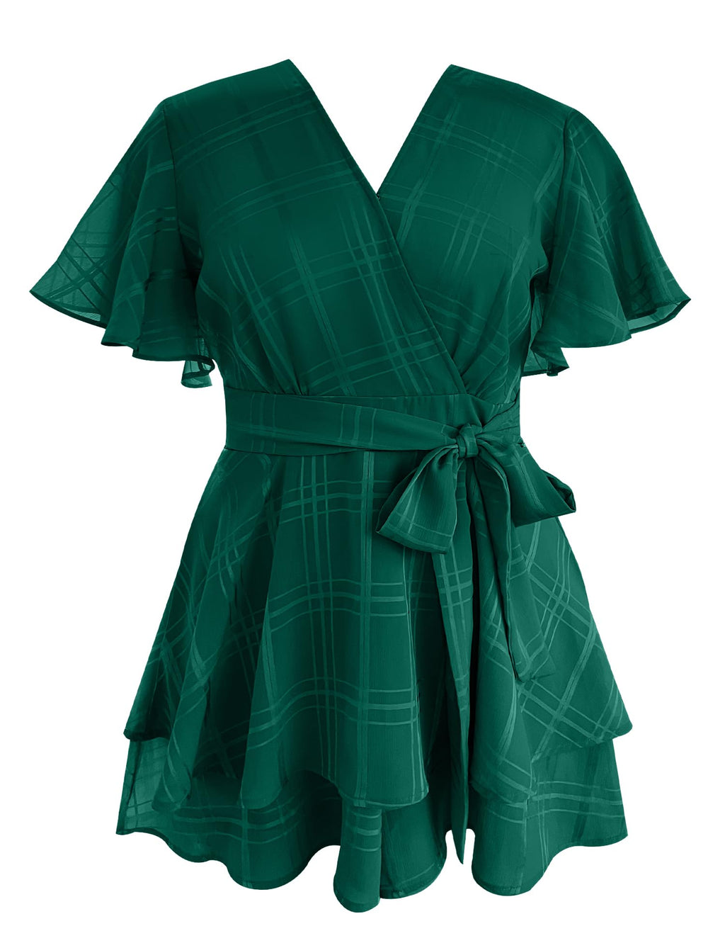 Women's Floral Rompers Jumpsuits V Neck Short Baggy Sleeve Waist Tie Double Layer Ruffle Hem Romper