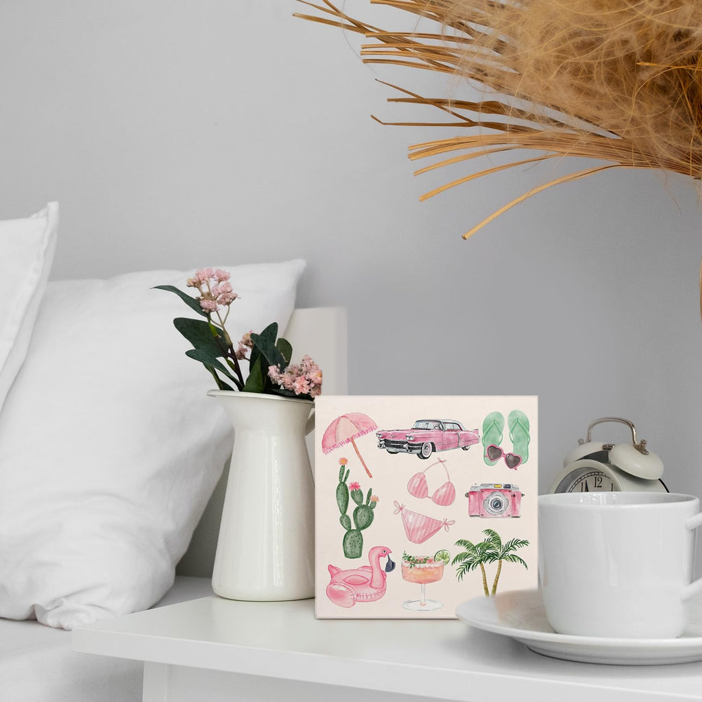 Coquette Pink Bow Champagne Wooden Box Sign, 5x5 Inch