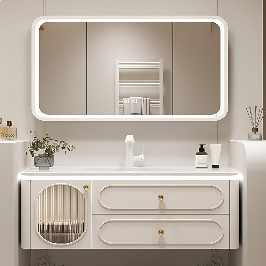 Wall-Mounted Bathroom Vanity Set - Included Single Sink, Contemporary Bathroom Vanity Featuring an Intelligent LED Defogging Mirror Cabinet & Ample Storage, Solid Wood Construction