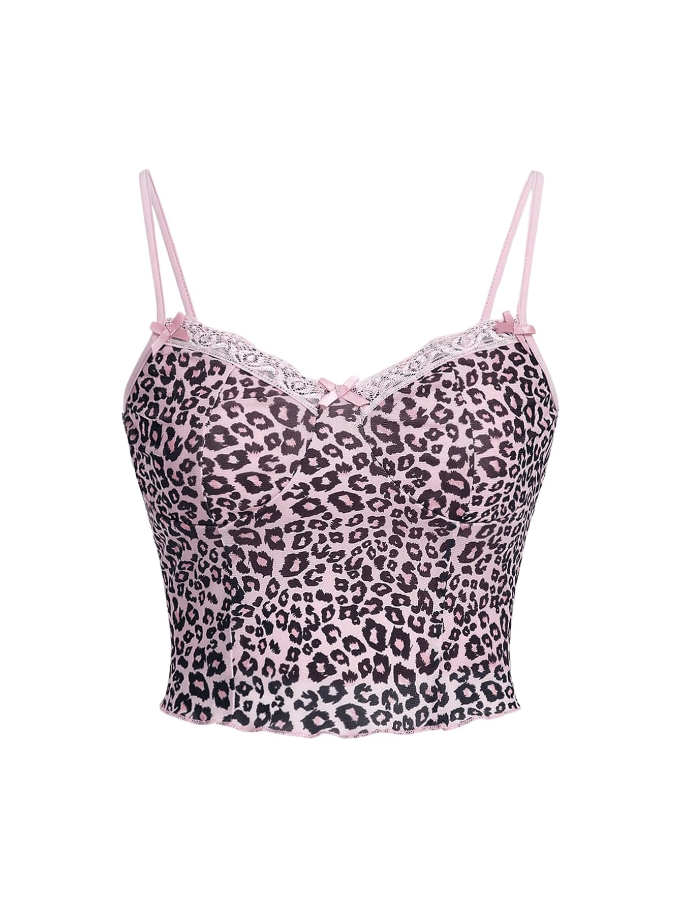 Women's Y2k Lace Trim Leopard Print Camisole Tops Sleeveless Spaghetti Strap Cheetah Crop Tank Top