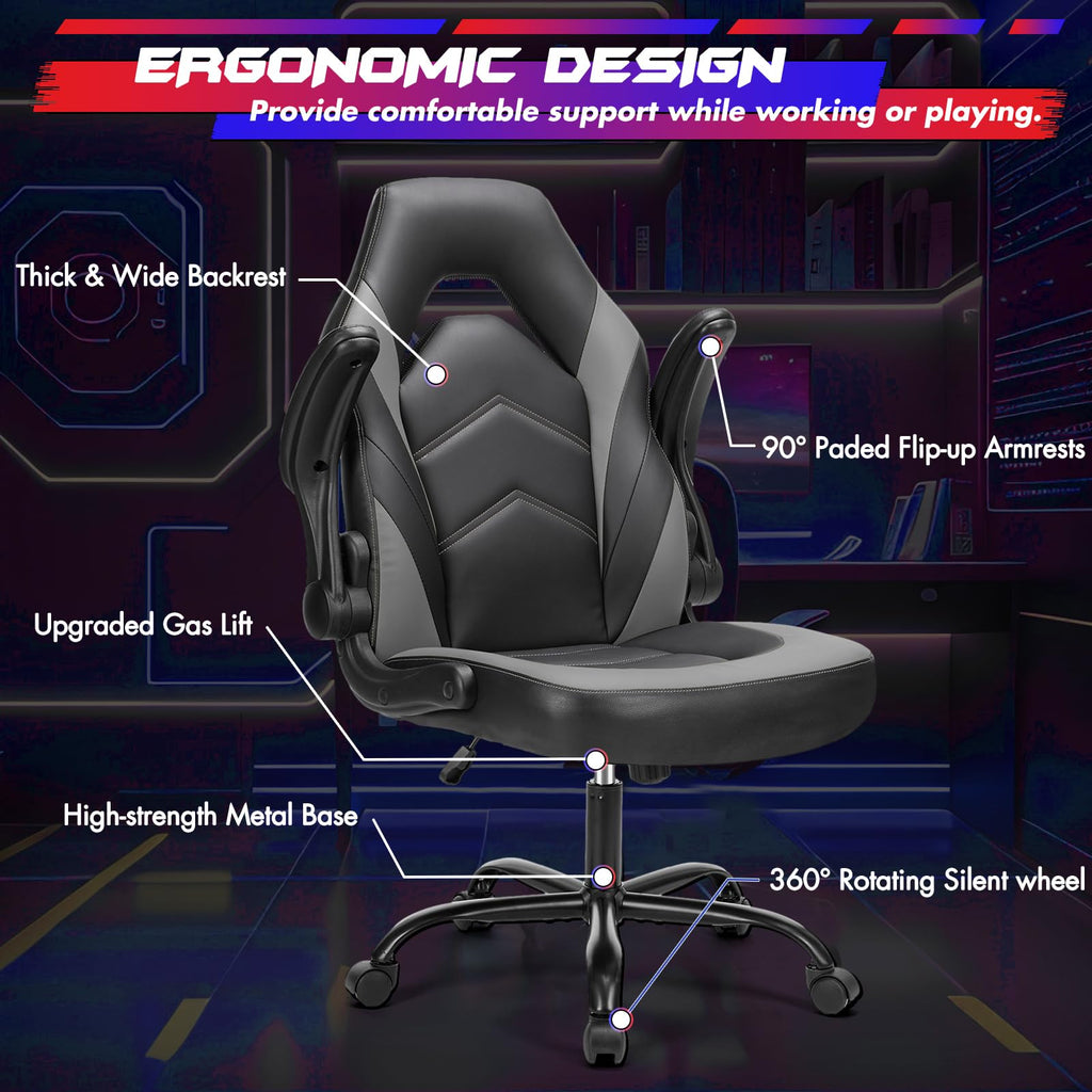Ergonomic Office Executive Adjustable Swivel Task PU Leather Racing Chair with Flip-up Armrest