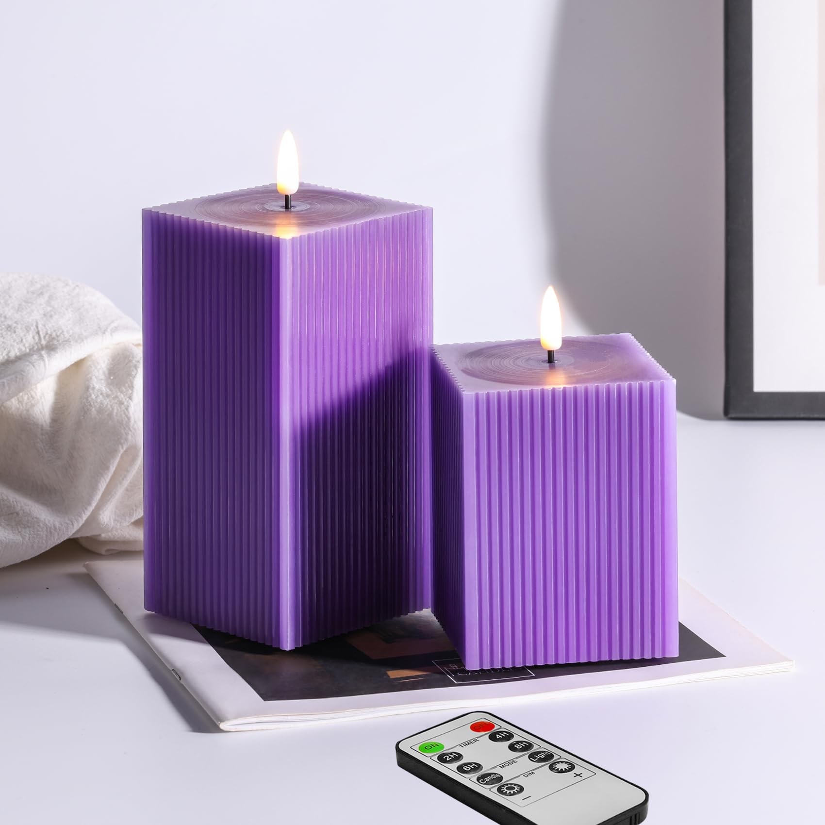 Square Ribbed Flameless Candles with Remote, Flickering Real Wax Battery LED Candles 3" H 4" 6"