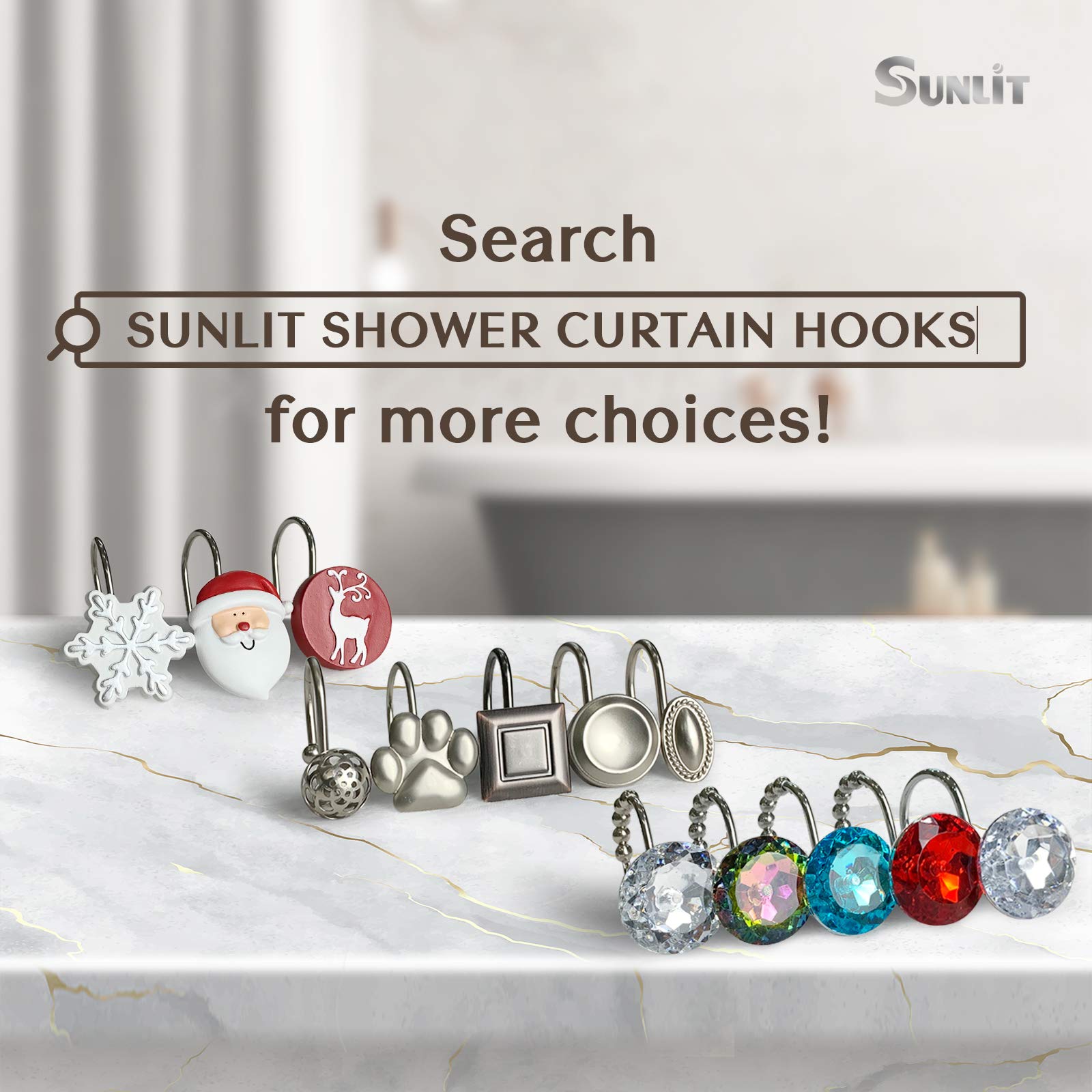 Luxury Design Round Diamond Crystal Gem Bling with Glide Balls Shower Curtain Hooks, Rust Proof Metal Rhinestones Glam Shower Curtain Rings-12 Pack