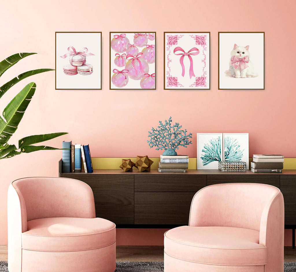 Pink Bows Canvas Wall Art Trendy Coquette Bow Cute Cat Wall Decor