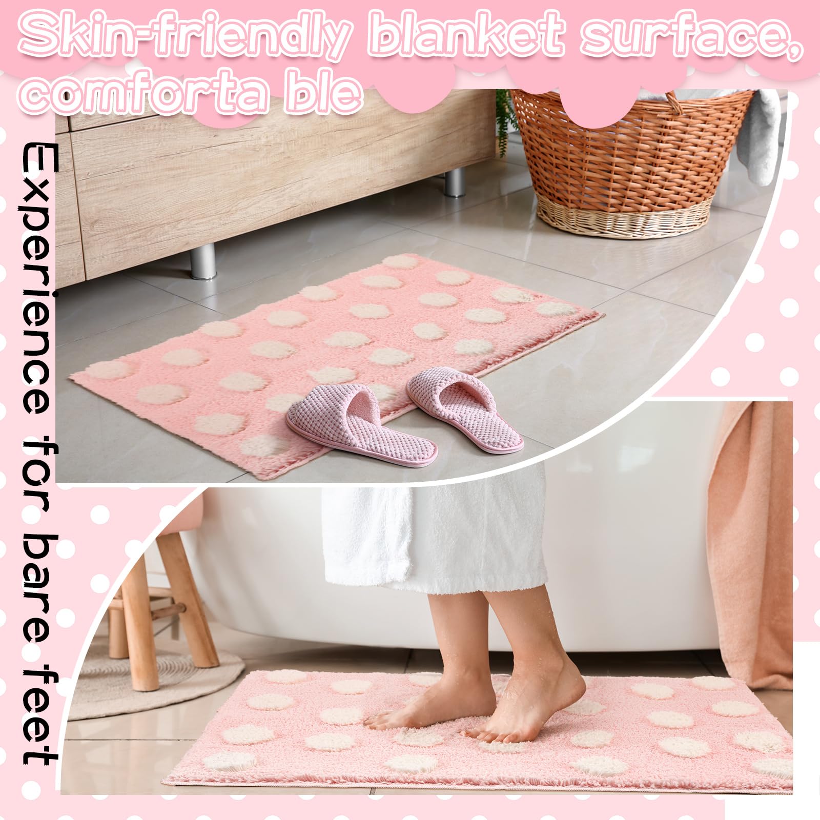 Pink Aesthetic Preppy Bathroom Rugs White Pink Bath Mats Non Slip Washable Tufted Cute Bathroom Mat Absorbent Bath Rug for Home, Tub, Floor Carpet, 32 x 20''(Polka Dot)