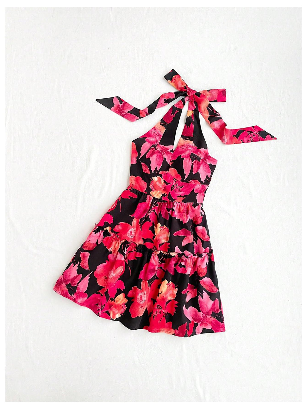 Women's Floral Print Sleeveless Halter Neck Layered Hem A Line Mini Dress