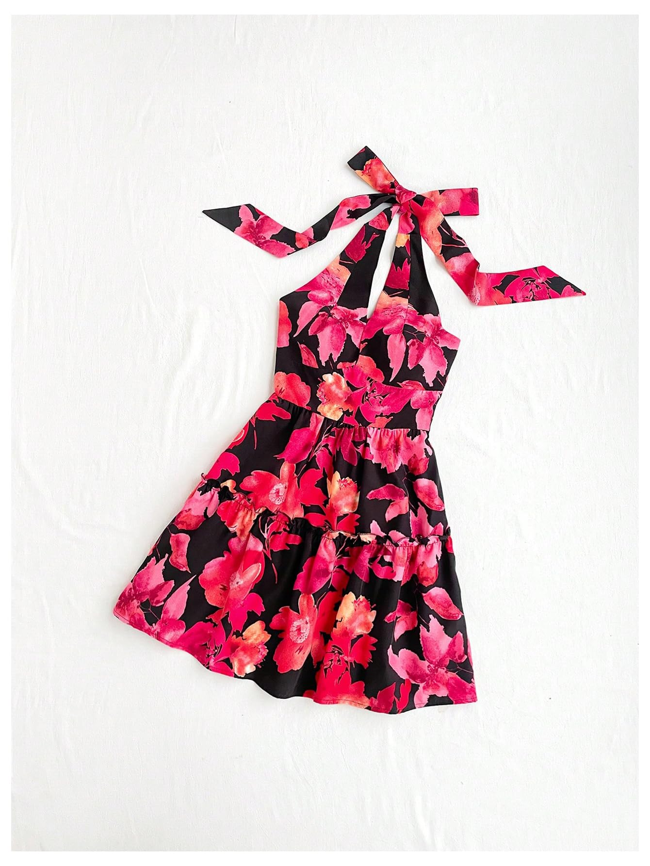 Women's Floral Print Sleeveless Halter Neck Layered Hem A Line Mini Dress