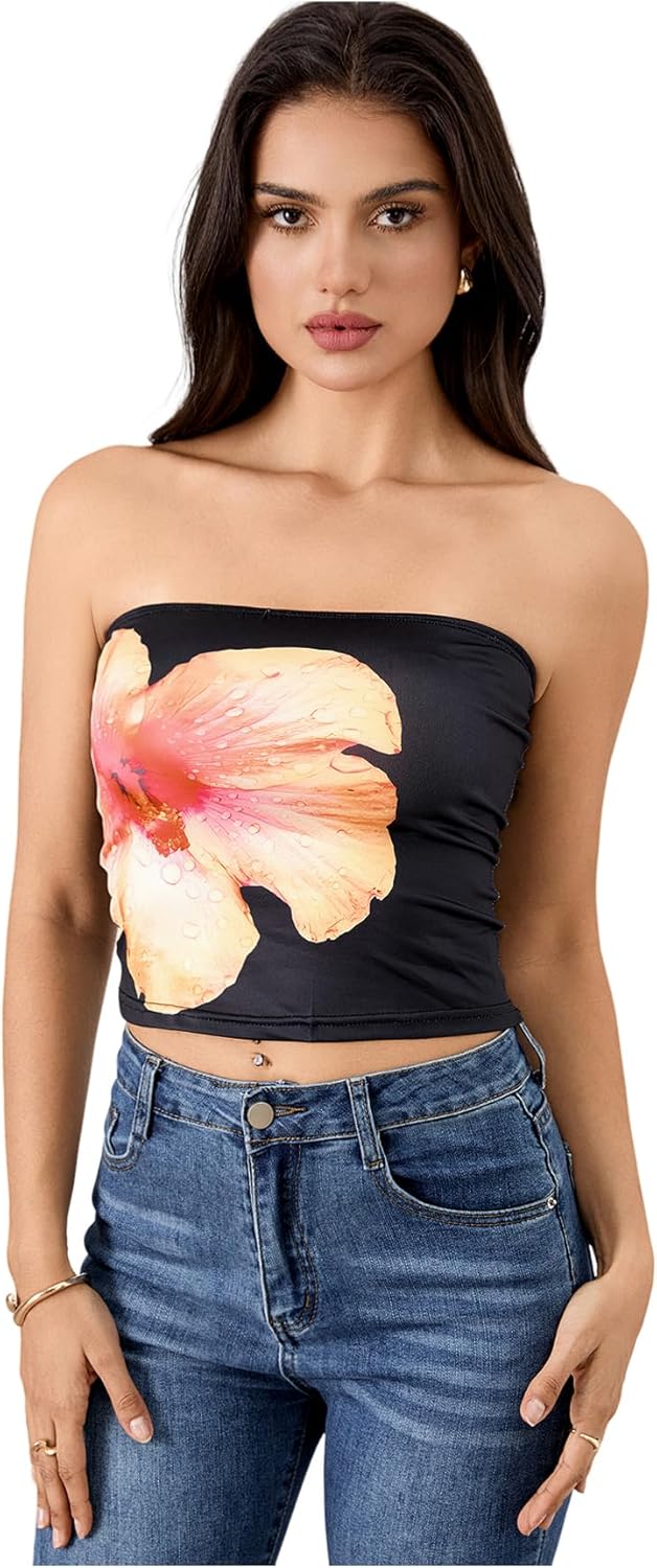 Women's Y2K Floral Tube Top Sleeveless Bandeau Coquette Summer Crop Tops Strapless Tank