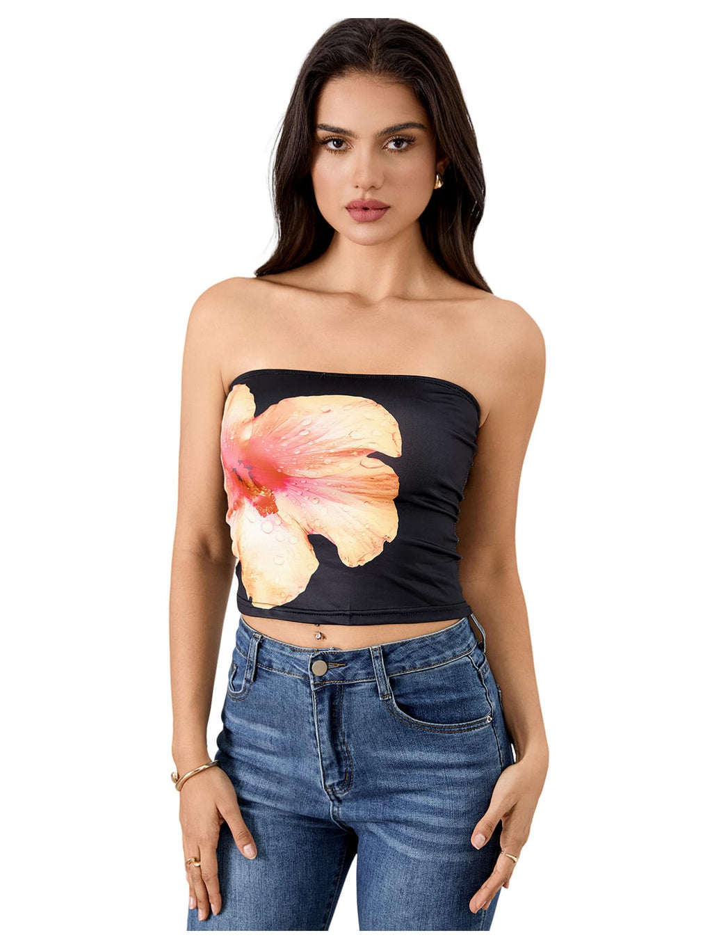 Women's Y2K Floral Tube Top Sleeveless Bandeau Coquette Summer Crop Tops Strapless Tank