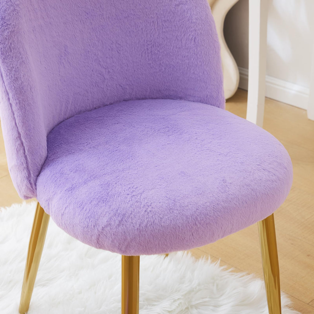 Cute, non-wheeled desk chair with backrest, fluffy cushion, cozy makeup chair with adjustable golden legs
