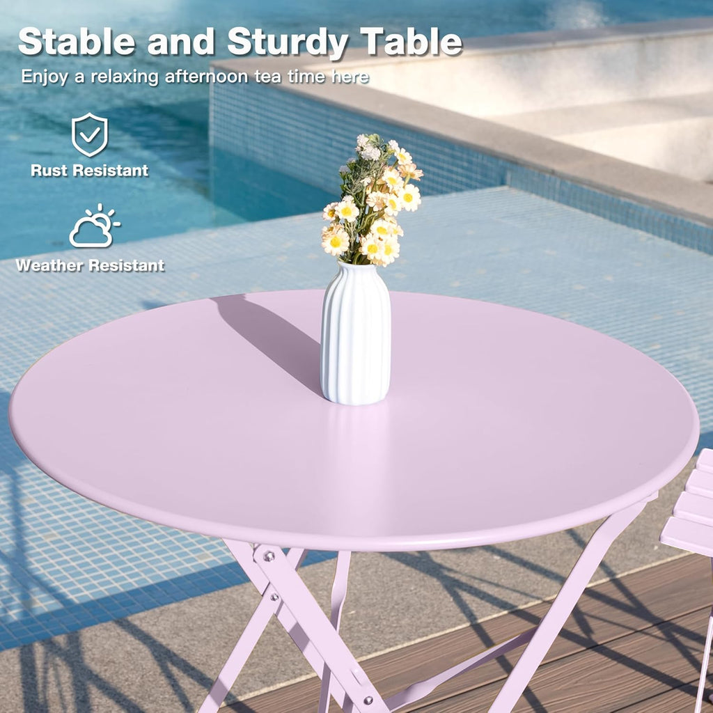 Set of 3 Piece Bistro Set, Folding Patio Furniture Set, Outdoor Table And Chairs Set For Patio, Garden, Balcony And Poolside, Pink