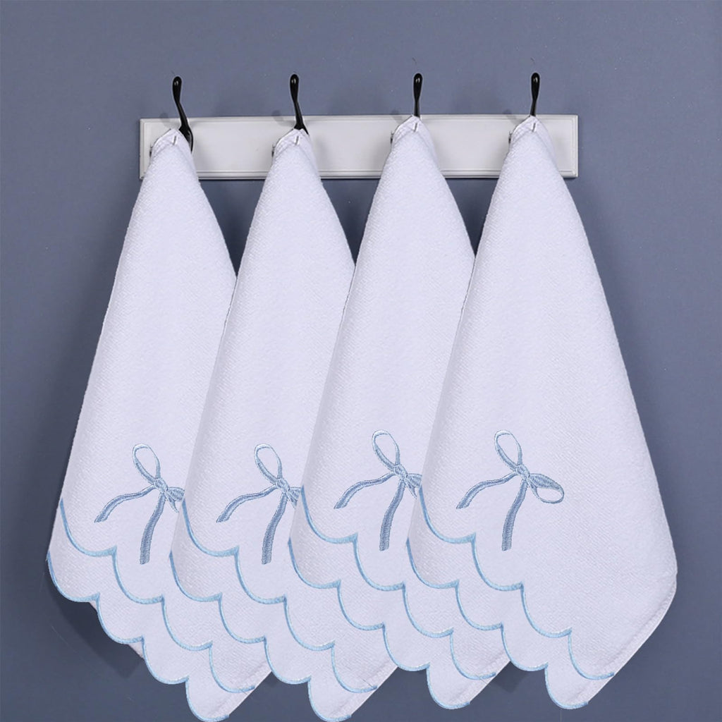 Cute 4 Set Coquette Bow Bath Towels Set 2 Bath Towels 2 Hand Towels Soft Embroidered Preppy Decorative Scalloped Towels for Bathroom