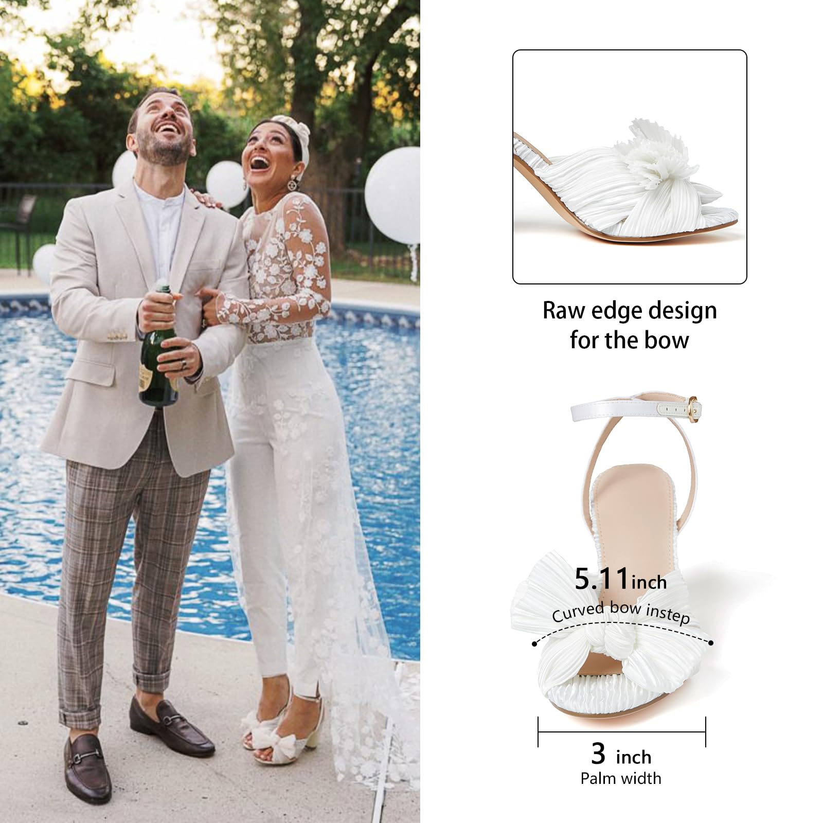 Women's High Block Chunky Heel Sandals Fashion Open Toe Ankle Buckle Strap Pleated Bow Heel