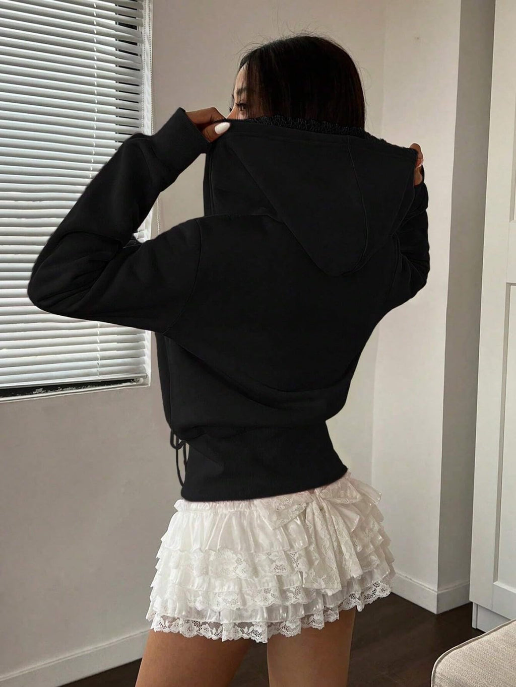 Women's Lace Patchwork Bow Zip-Up Crop Hoodie â€?Y2K Coquette Fleece Casual Hooded Sweatshirt