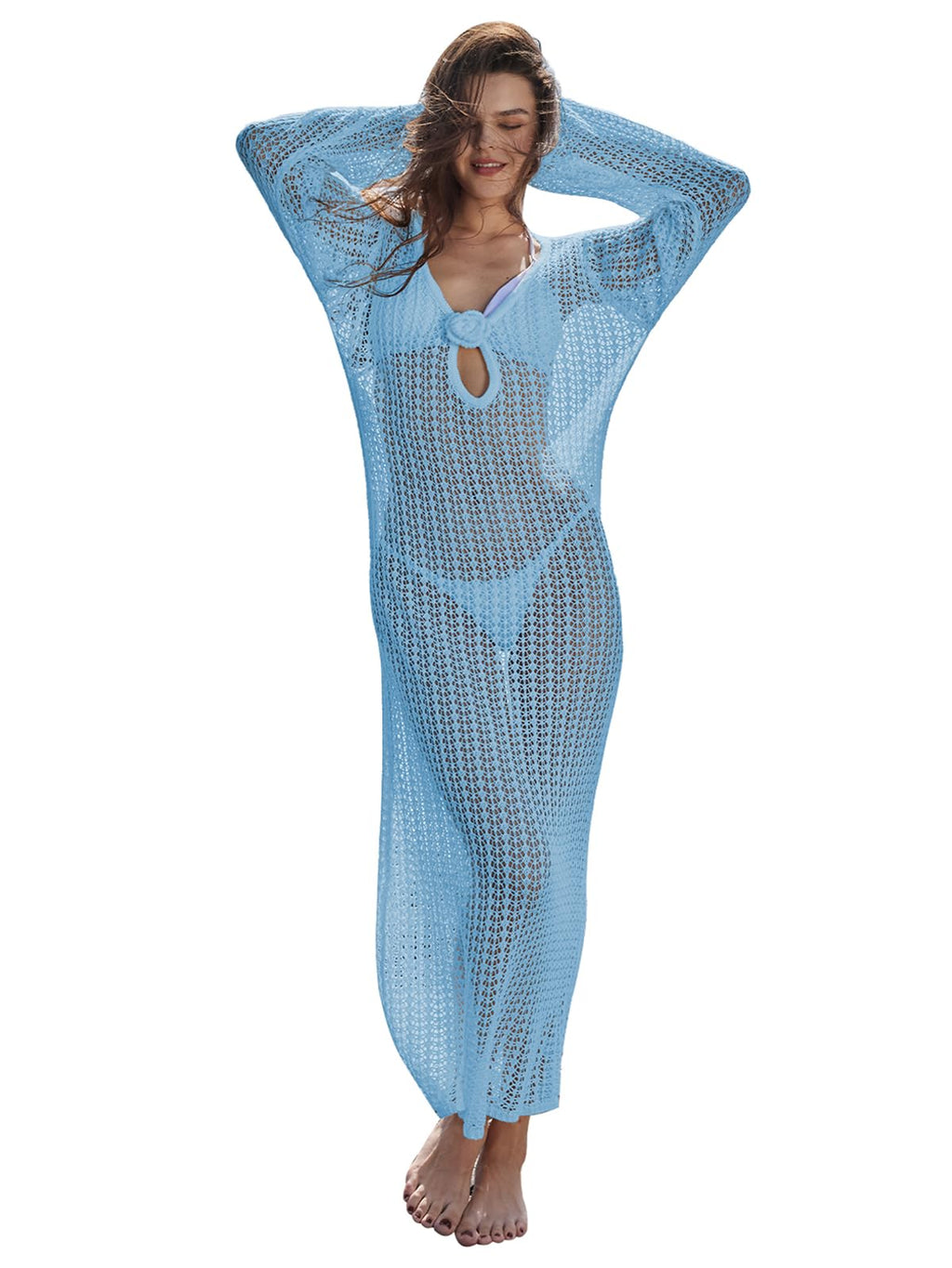 Women's Knitted Swimsuit Cover Up 3D Floral Hollow Out Open Back Tie-Up Maxi Dress Beachwear Coverup Dresses