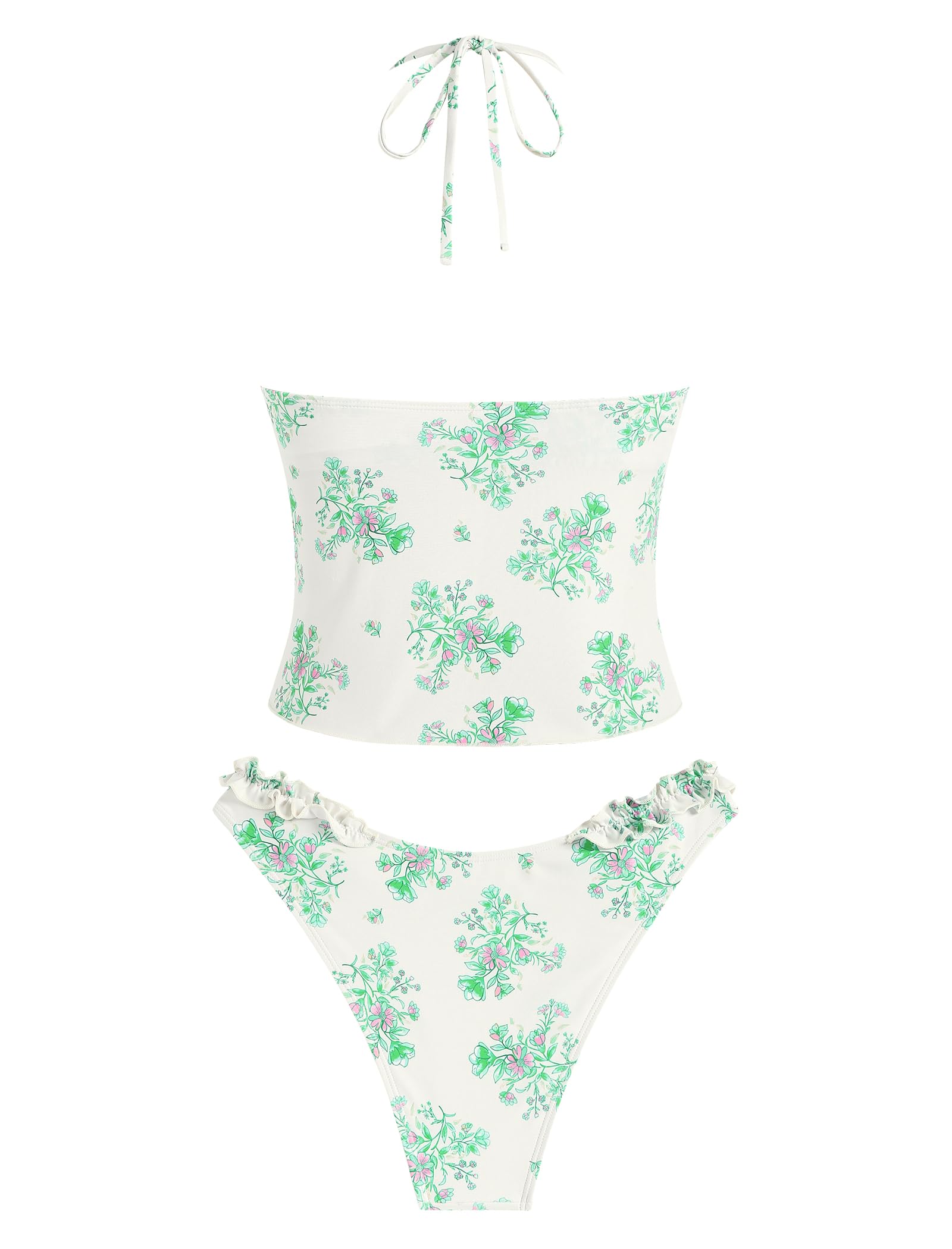 Tankini Swimsuits for Women Smocked Ruffles Tie Front Bowknot Textured High Cut Tanga Tankini Set