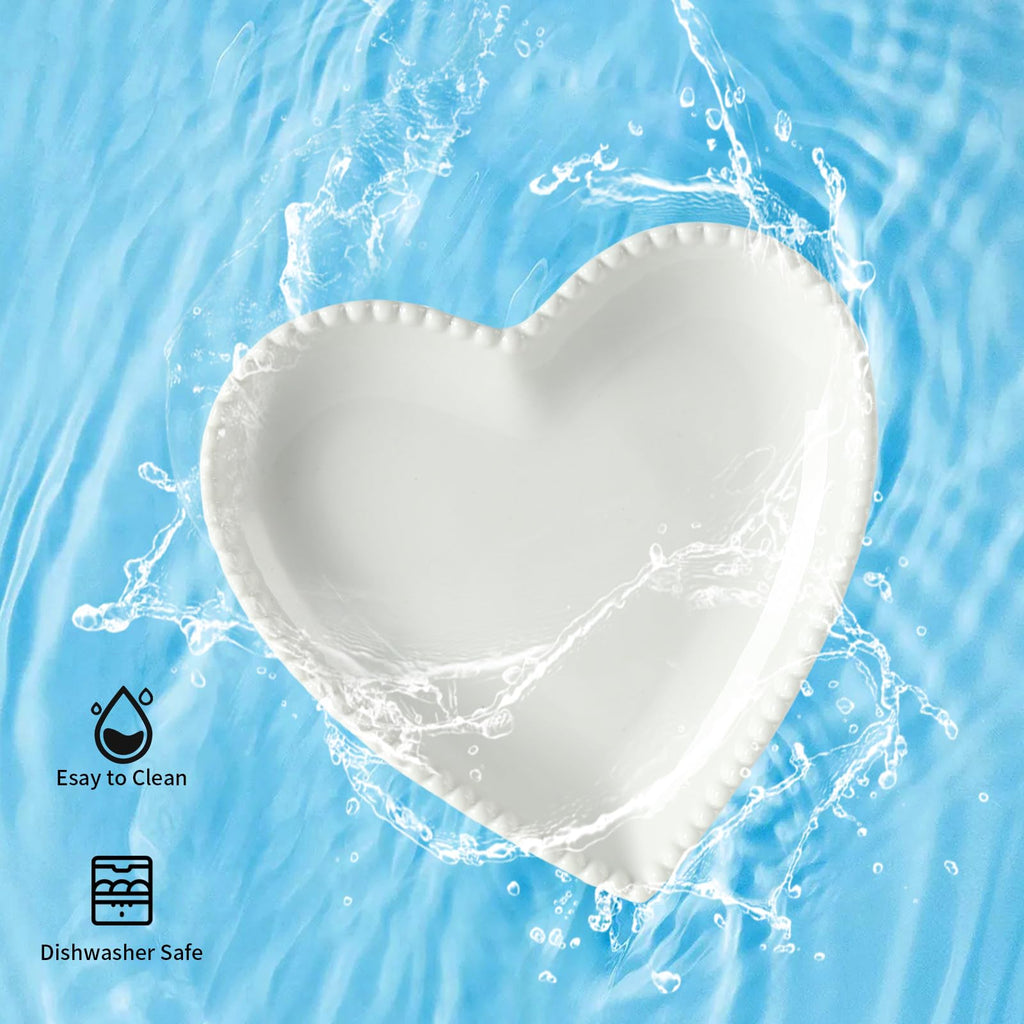 Porcelain Dessert Plates Set of 8, Heart Shaped Appetizer Plates, White Salad Dinnerware Set, White with Pearl Dots 7.5 Inch