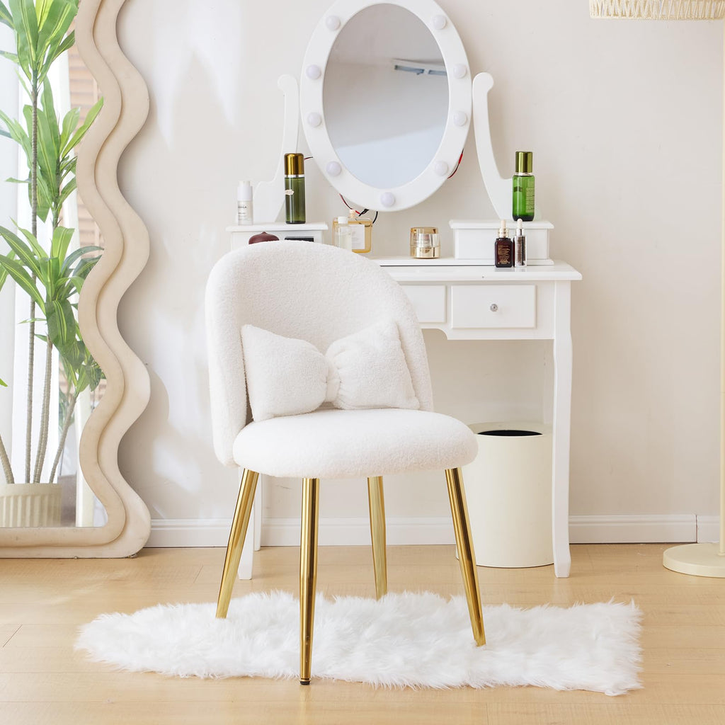 Cute, non-wheeled desk chair with backrest, fluffy cushion, cozy makeup chair with adjustable golden legs