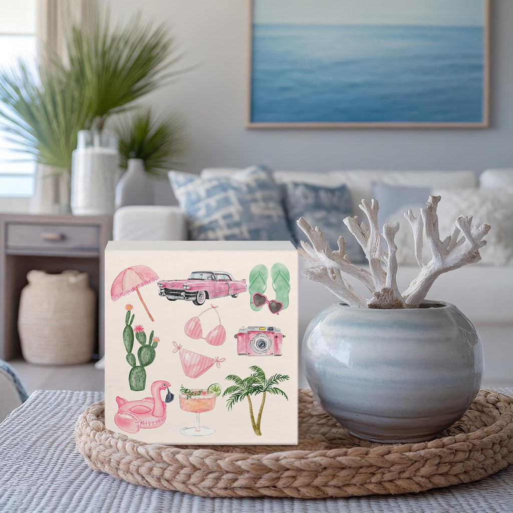 Coquette Pink Bow Champagne Wooden Box Sign, 5x5 Inch