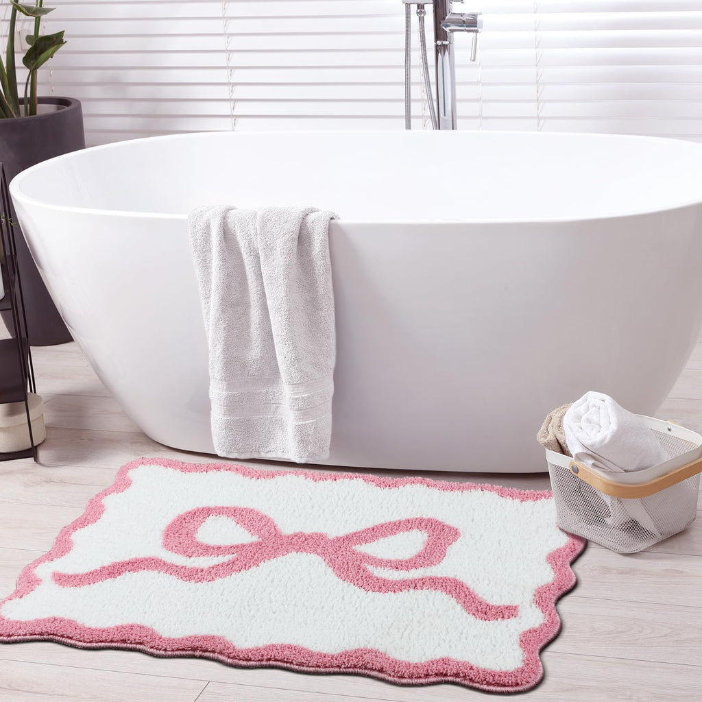 Scalloped Bow Bathroom Mat Non Slip Coquette Bow Rug Cute Aesthetic Scallop Carpet Preppy Room Decor Microfiber Absorbent Bath Rug for Bathroom Bathtub Shower Bedroom(Black,16" X 24")