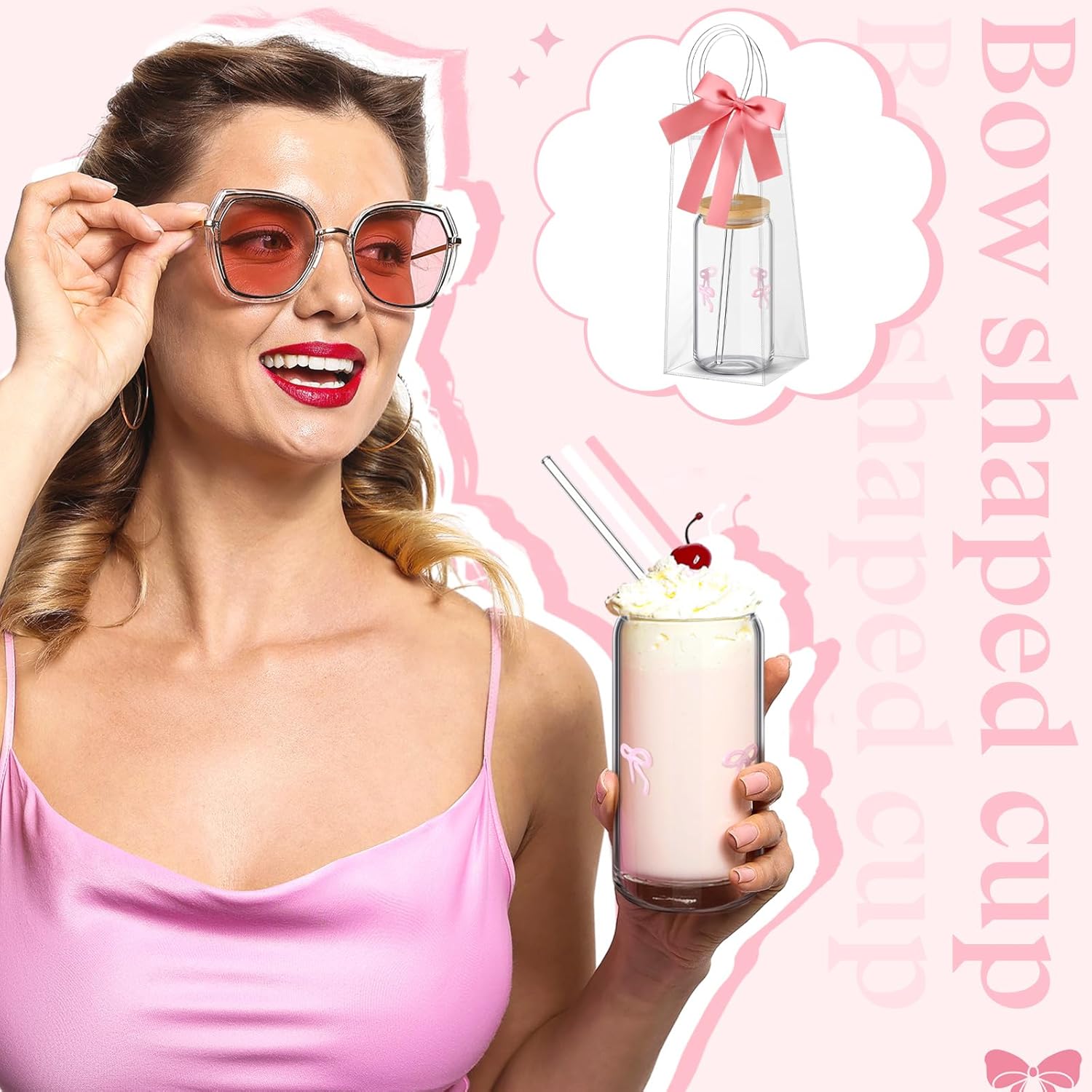 Coquette Bow Aesthetic Glass Cup with Clear Gift Bag Lids and Straws 16 oz Pink Bow Glass Cups Cute Tumbler