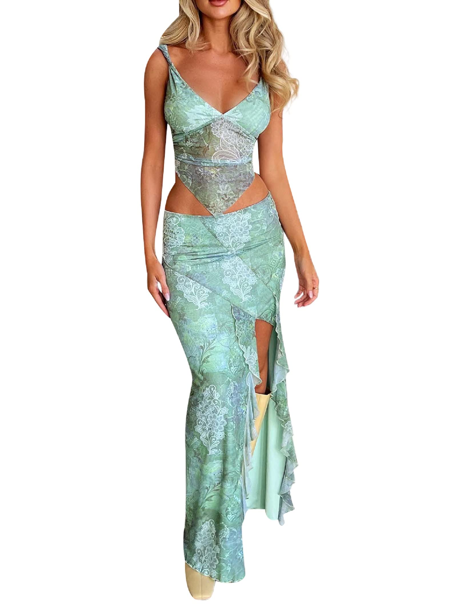 Women Y2K 2 Piece Long Skirt Set V Neck Halter Crop Top Off Shoulder Slim Fit Tube Top Split Maxi Skirts Outfit