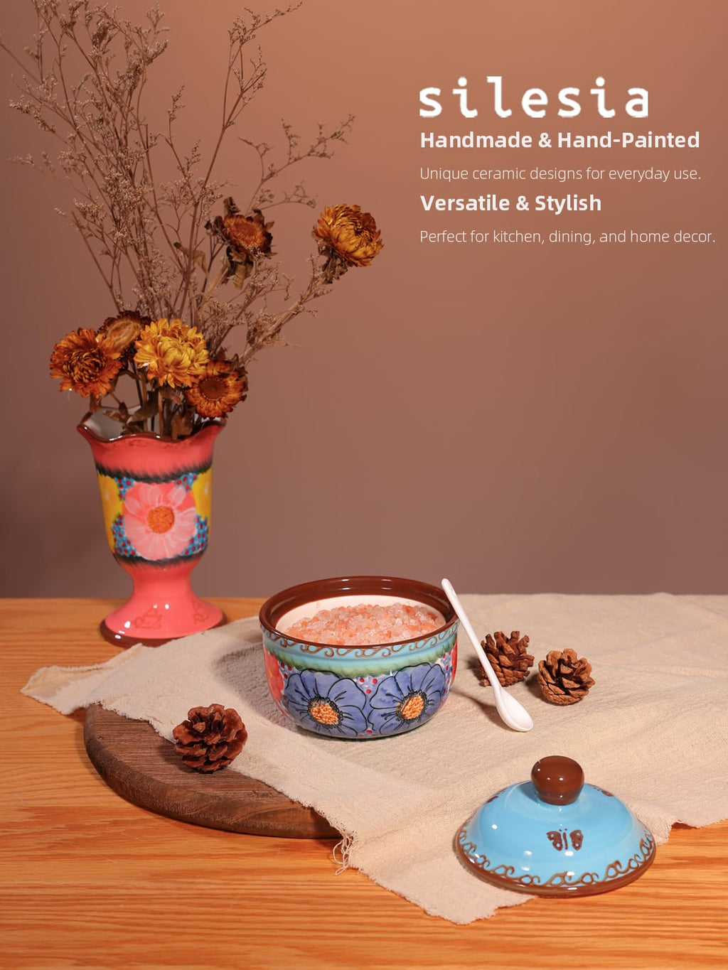 Handmade Sugar Bowl with Lid and Spoon, 10 Ounce Ceramic Hand-Painted Sugar Jar for Kitchen Oven, Dishwasher & Microwave Safe, Glazed