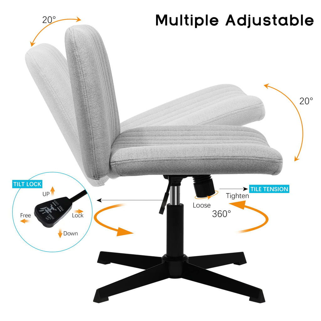 Criss Cross Chair, Armless Cross Legged Office Desk Chair No Wheels, Fabric Padded Modern Swivel Height Adjustable Mid Back Wide Seat