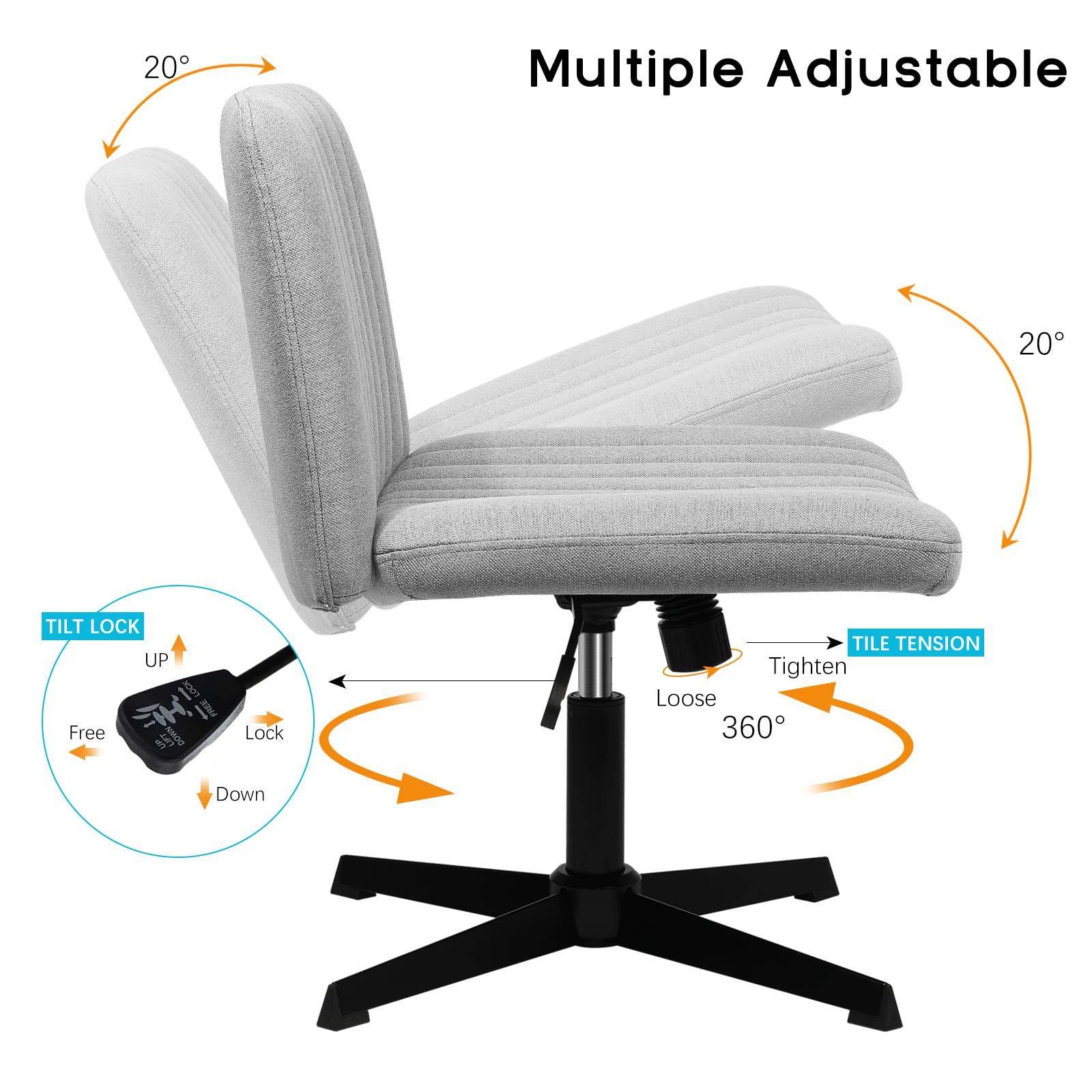 Criss Cross Chair, Armless Cross Legged Office Desk Chair No Wheels, Fabric Padded Modern Swivel Height Adjustable Mid Back Wide Seat