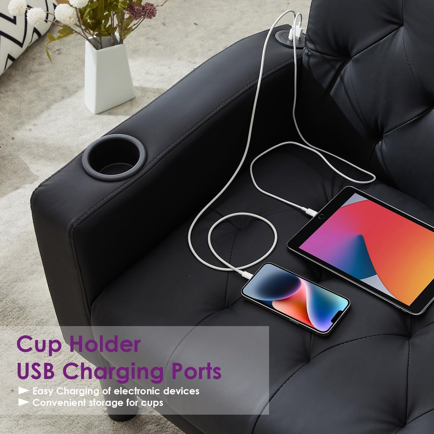 Velvet Loveseat Sofa w/ 2 USB Charger Ports and 2 Cupholders, Mid-Century Modern Tufted