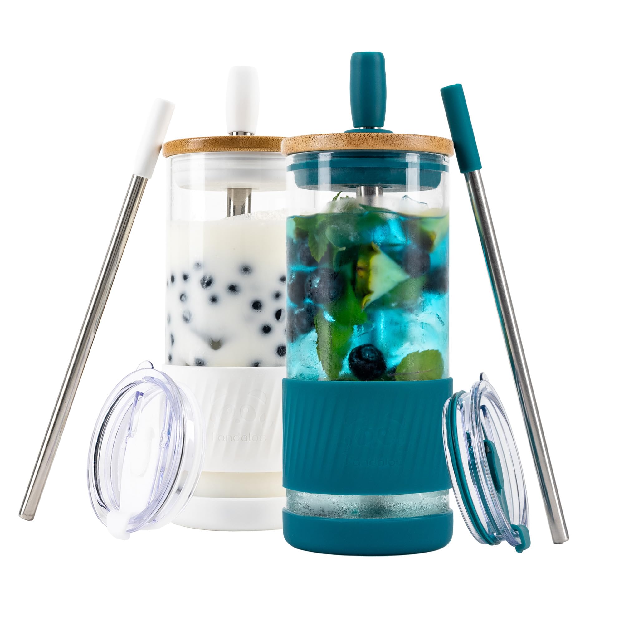 Pandaloo® Glass Cups With Lids and Straws -20 Fl Oz- Perfect Size Iced Coffee Cup - Smoothie Cup With Bamboo Lid and On the go Lid - Glass Tumbler With Straw