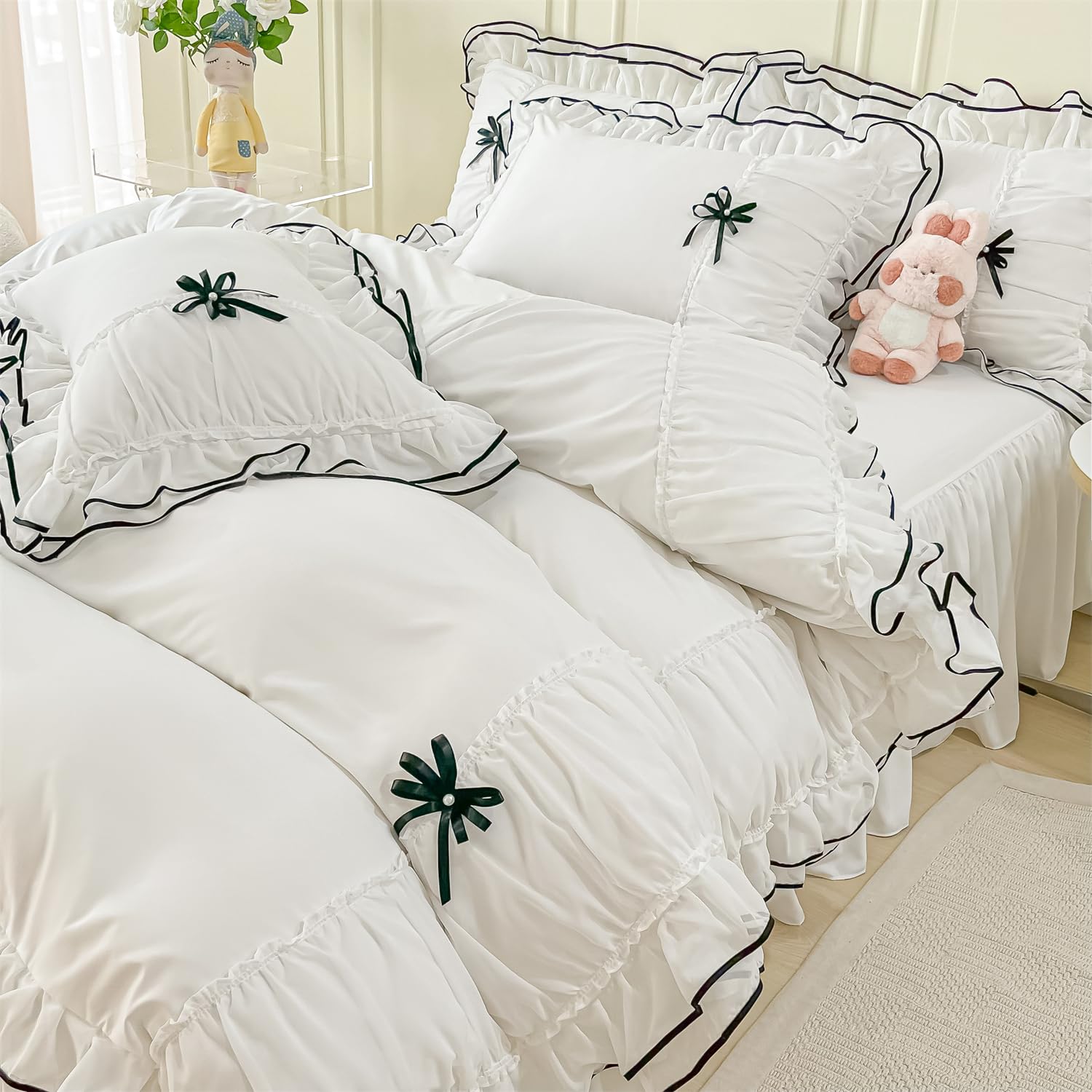 Duvet Cover Ruffle Beddding Set with Bowtie - 3 Pieces Comforter Cover Set with Zipper Closure & Pillowcase - Comforter Not Included