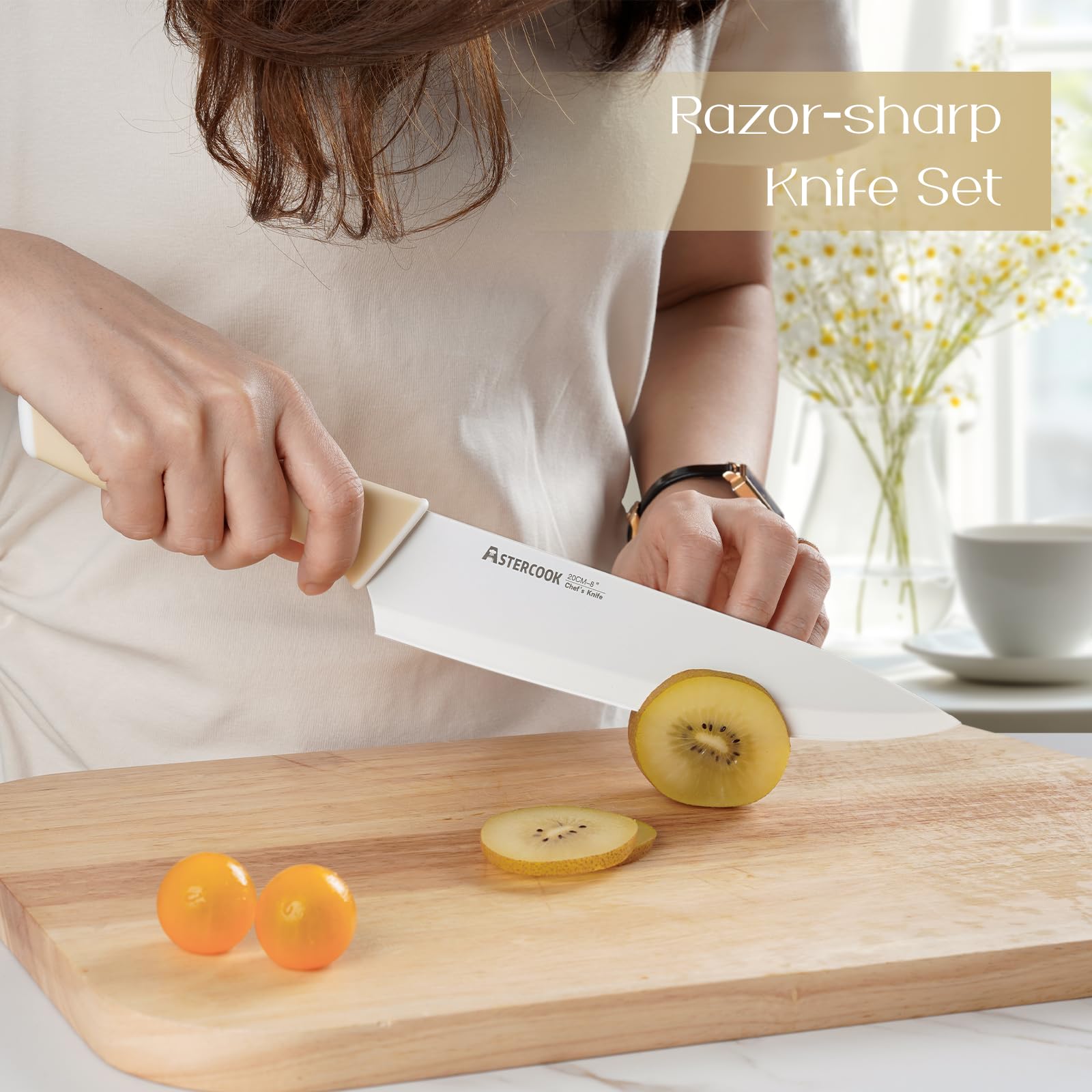 Colorful Kitchen Knives Set with Block and Sharpener Ceramic Coating 15 Pcs German Stainless Steel Knives Sharp Blade Dishwasher Safe Knife Block Set with Ergonomic Handle