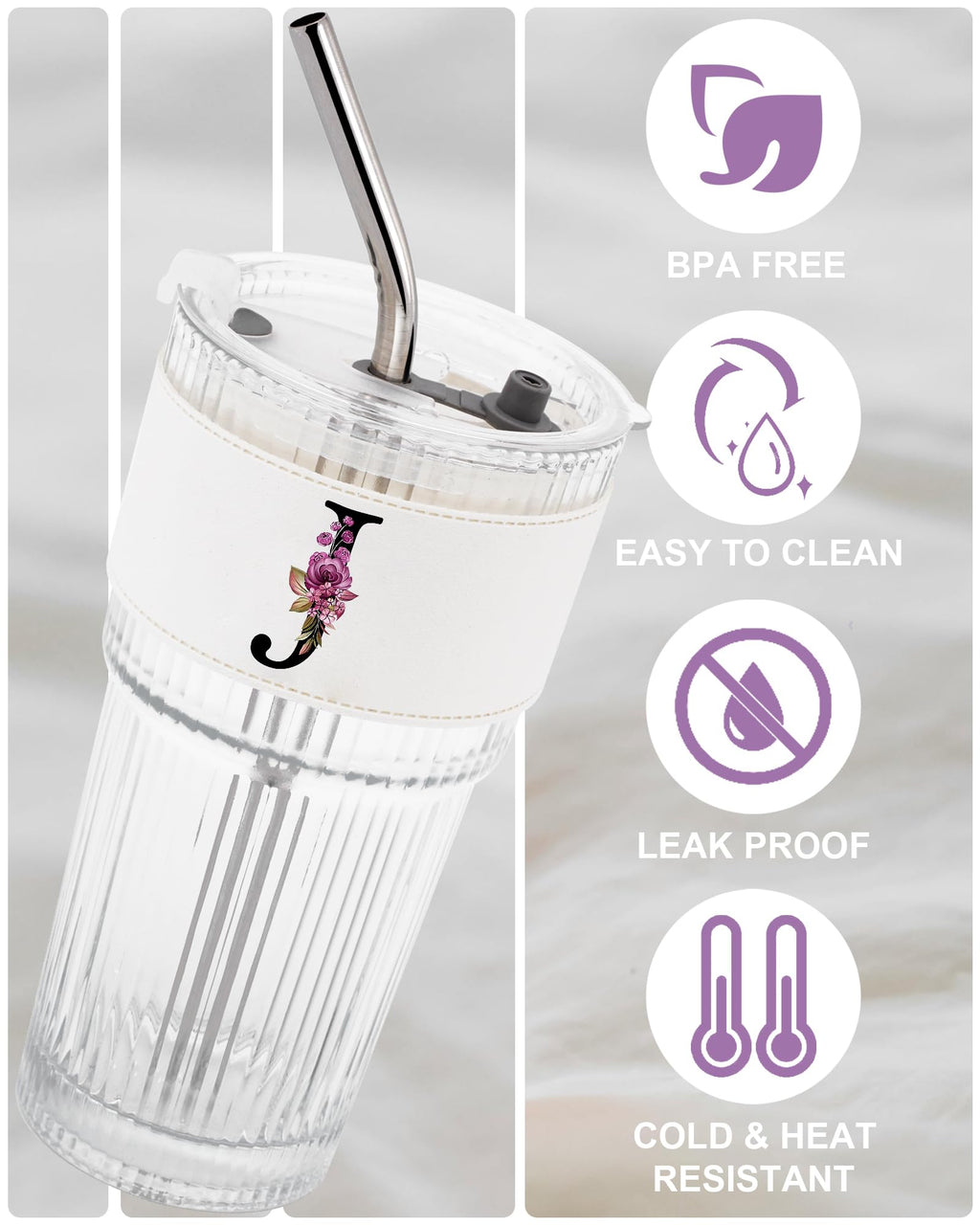 Initial Glass Cup with Lid Straw Ribbed Ice Tea Clear Tumbler Her Sister Coffee Matcha Latte Girlfriend Gf Aunt Best Friend Friendship Bestie Wife Cute Asthetic Unique Birthday Personalized Gift K