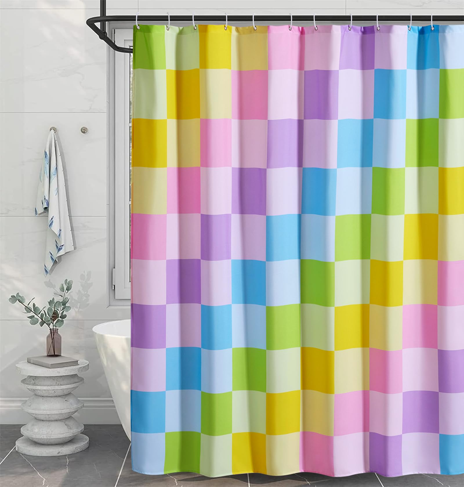 Multicolored Checkered Retro Fabric Shower Curtain for Bathroom, Heavy Duty & Waterproof Bright Rainbow Colorful Modern Simple Groovy Aesthetic Shower Curtain Set with Hooks Bathroom Decor