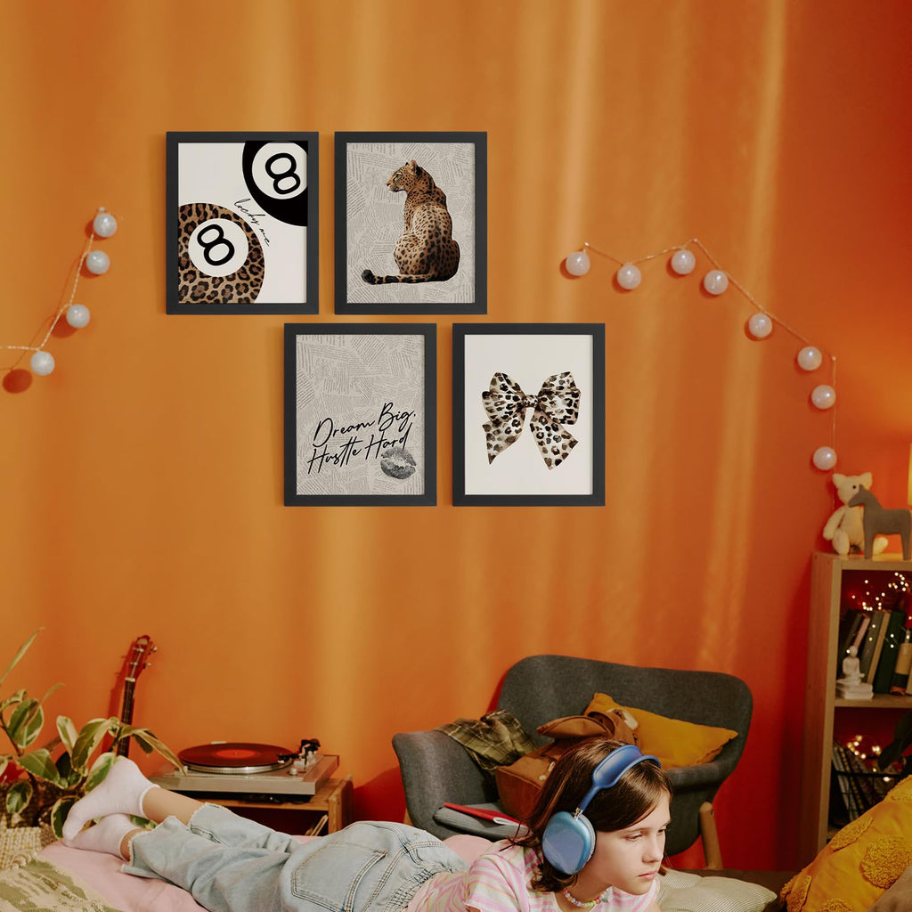 Trendy Leopard Wall Art Prints Set of 4 Funky Lucky 8 Ball Posters Prints Preppy Room Aesthetic Cheetah Wall Decor for Girls Room Dorm Apartment 8x10 Unframed