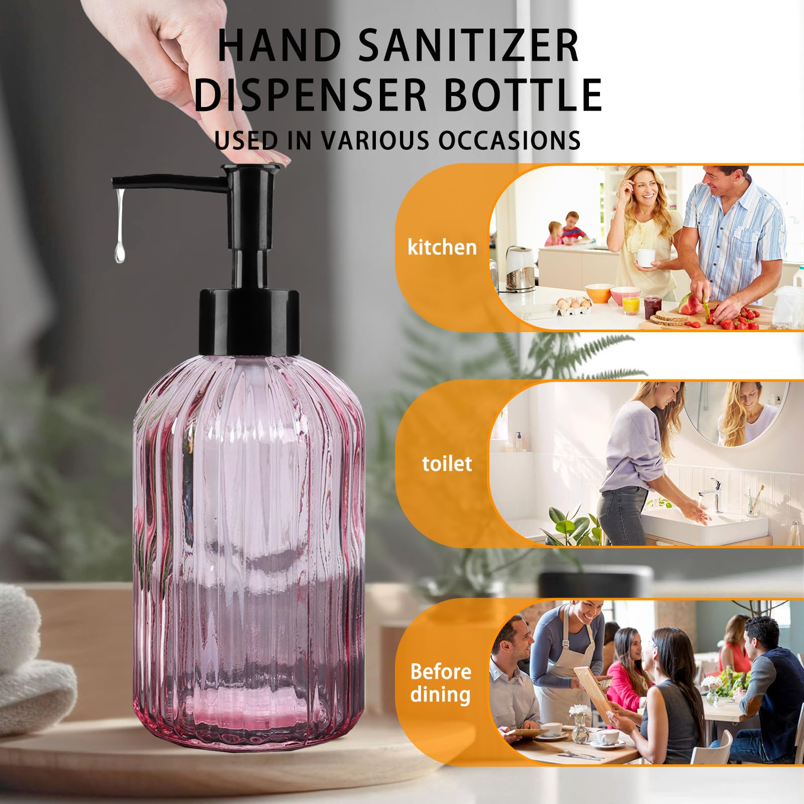 Pink Clear Glass Soap Dispenser 13 Oz/400ml, Striped Transparent Liquid Hand Soap Dispenser for Kitchen & Bathroom