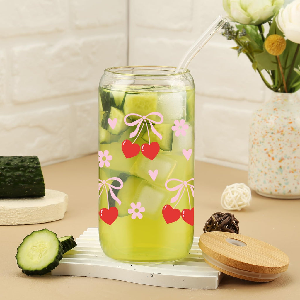 Cherry Bow Cup, Birthday Gifts for Women, Girly Gifts for Her, Sister, Mom, Colleague - 16 OZ Glass Tumbler with Straw & Lid, Coquette Iced Cup