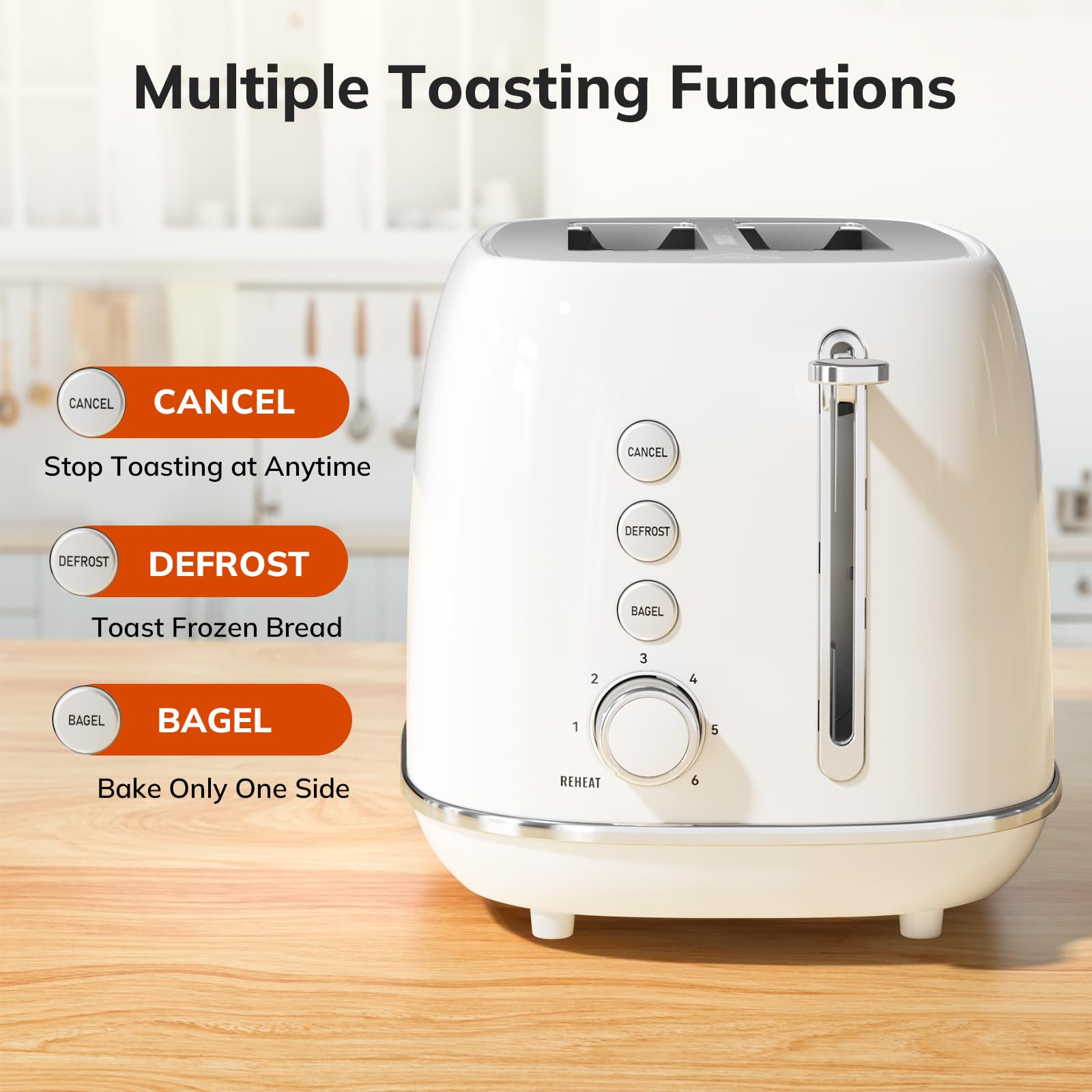Toaster 2 Slice Stainless Steel with 6 Bread Shade Settings, Retro Toaster with Extra Wide Slot