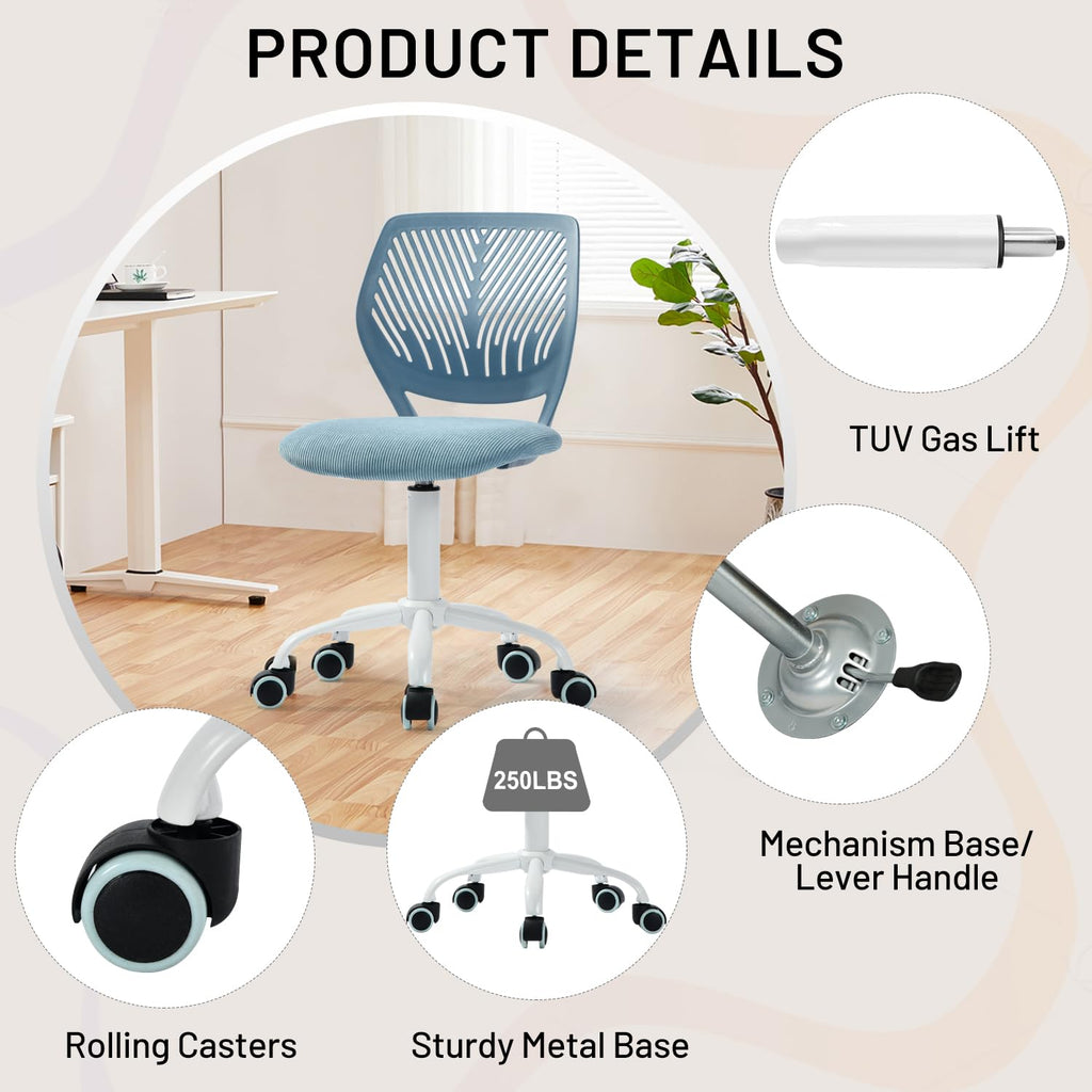 Study Desk Chair Armless Cute, Ergonomic Small Swivel Adjustable Rolling Lightweight Task Chair with Wheels and Mesh Padded Cushion