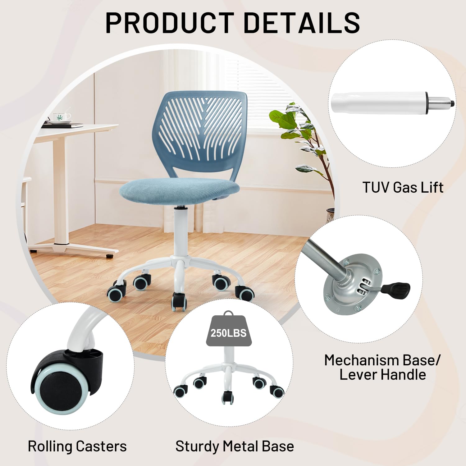 Study Desk Chair Armless Cute, Ergonomic Small Swivel Adjustable Rolling Lightweight Task Chair with Wheels and Mesh Padded Cushion